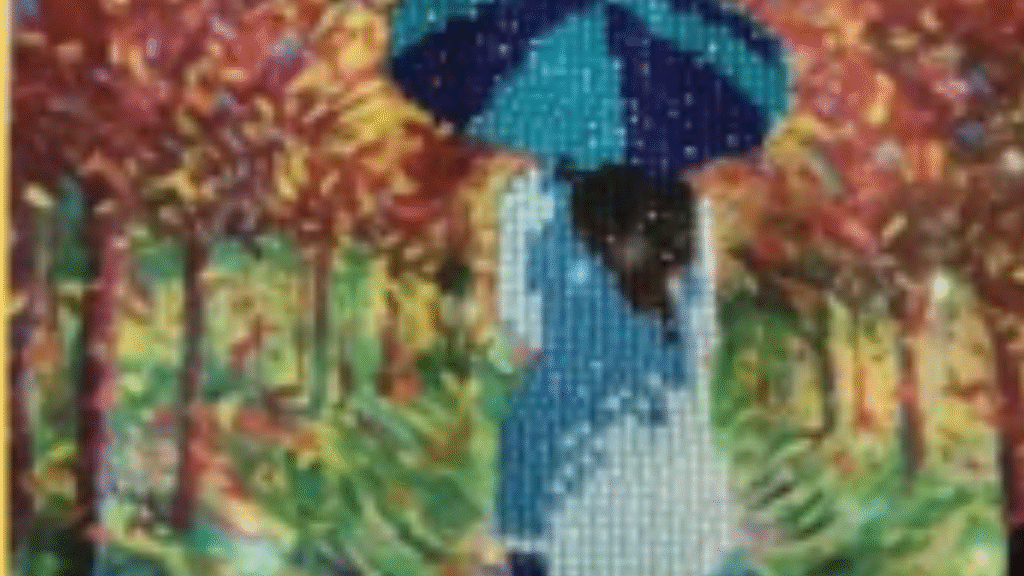 uadro de una chica de espaldas con paraguas y fondo de bosque de otoño en diamond painting