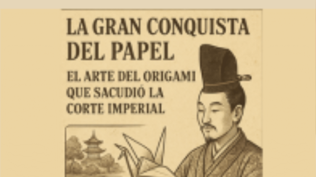noticia falsa en papel envejecido sobre la conquista del papel y el arte del origami, un hombre caracterizado como chino sujeta una grulla de papel
