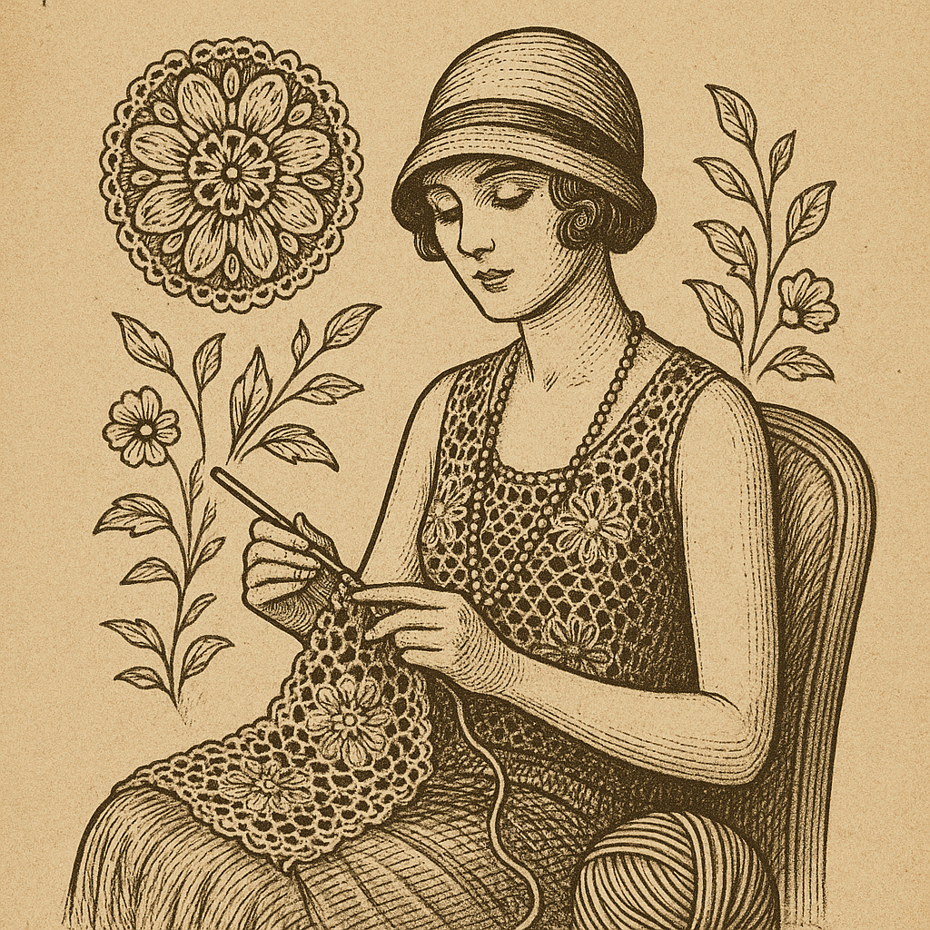 estampa de mujer haciendo ganchillo