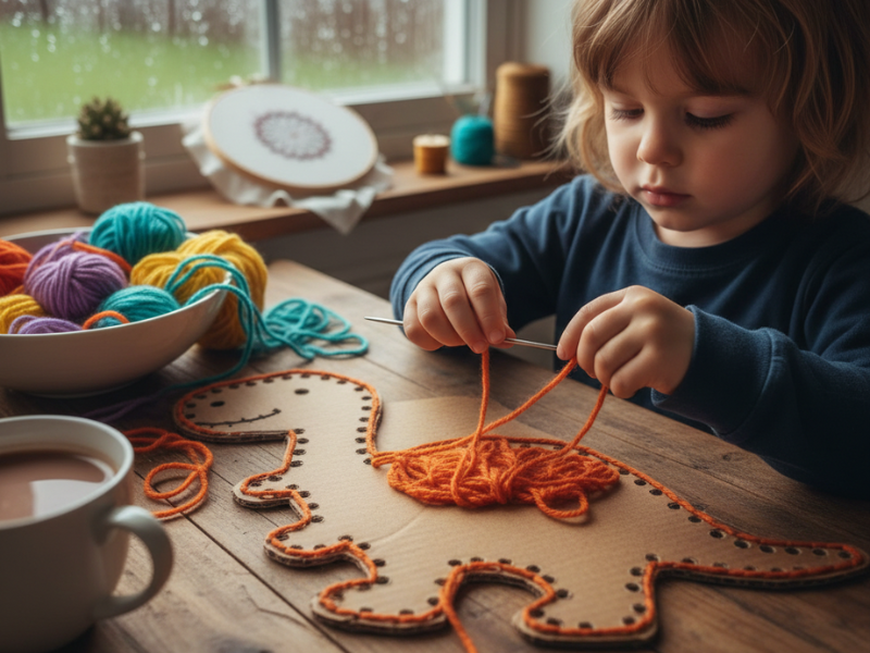 niños bordando en cartón