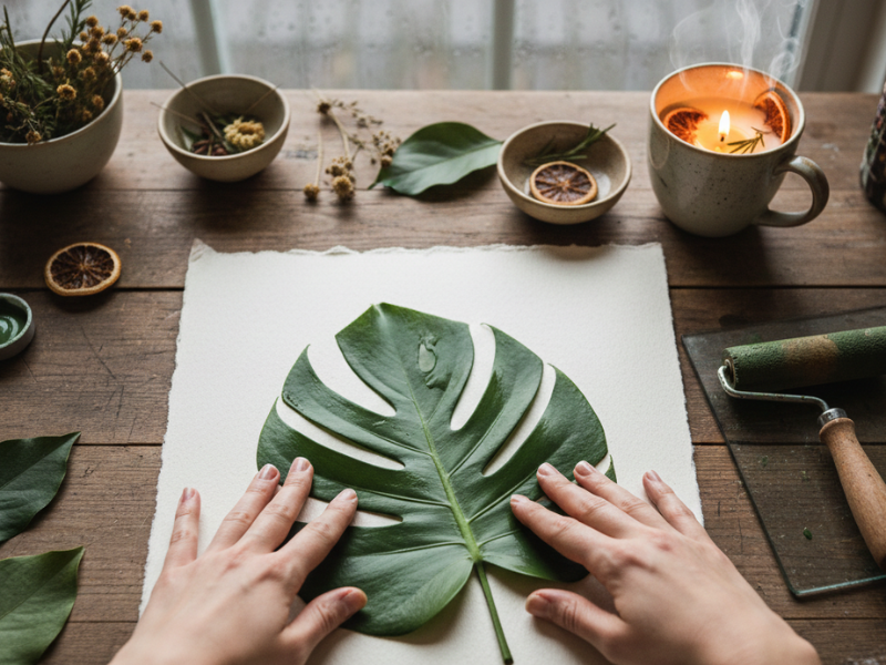 estampación con hojas