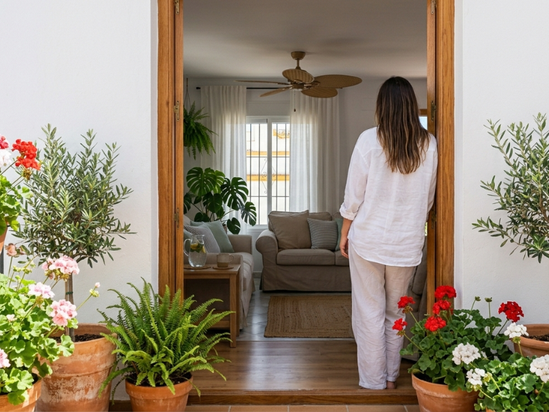 imagen ilustrando salón de casa cozy en verano desde la entrada