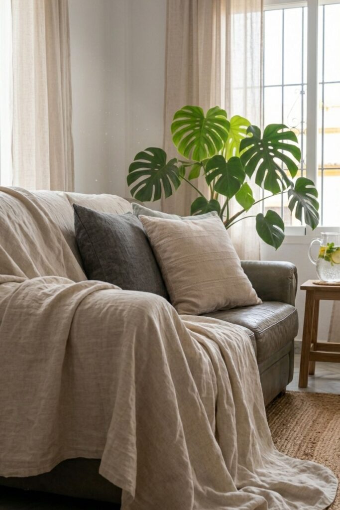 salon de casa cozy en verano con cojines de lino